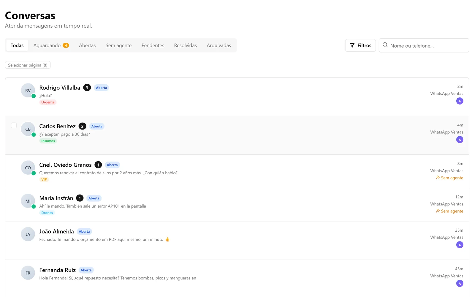 Neura AI inbox with Waiting, Open, Unassigned, Pending and Resolved tabs, labels and the agent on each conversation