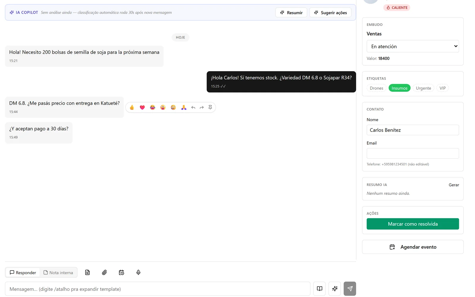 Neura AI conversation view with message history, the contact panel with pipeline and labels, and the AI summary and suggestion buttons